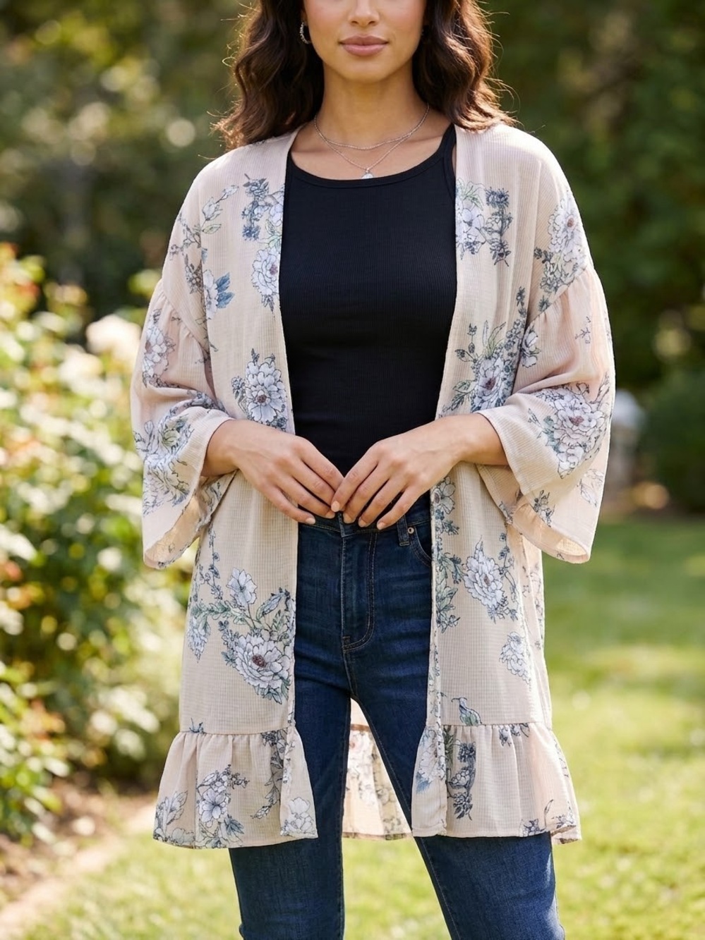 NWT Pleione floral ruffle kimono size large oversized beige